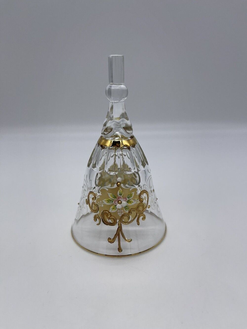 Vintage Hand Painted Crystal Bell Gold And Floral Design 5.5” Tall
